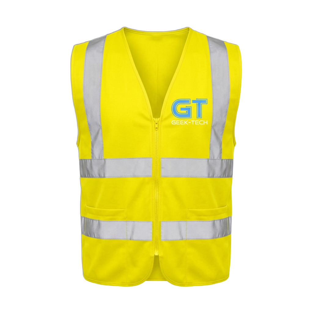 Hi-vis vest printed with the Geek-Tech Security logo