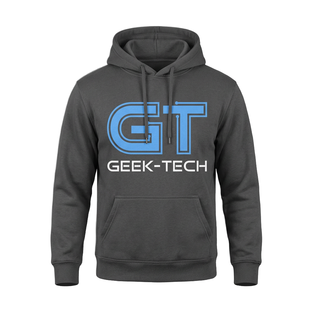 Charcoal hoodie printed with the Geek-Tech Security logo