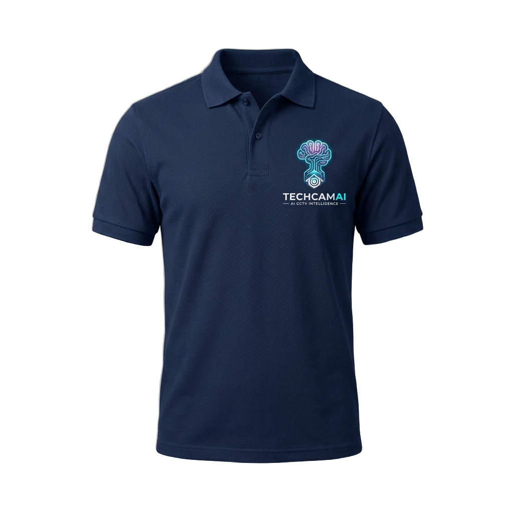 Navy polo printed with the TechCamAI logo